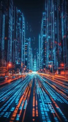 Poster - Futuristic cityscape at night with glowing data streams