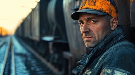 Poster - A person wearing a hat stands beside a train, possibly waiting for departure or checking the tracks