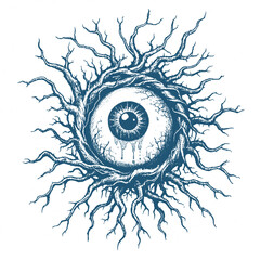 a black and white line art illustration of an eyeball wrapped in thorny roots. a dark and eerie artw