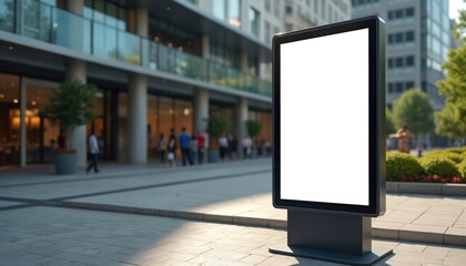 Aufkleber - Digital signage screen stands on sidewalk with blurred street. Modern customizable billboard for urban advertising. Commercial blank information board, empty white template to promote brand in city.