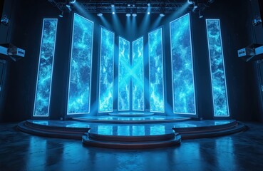 Aufkleber - Stage with blue holographic LED panels, metallic structures. Modern aesthetic design for nightclub, concert party. Sleek tech, cyberspace feel with abstract light effects, blue color palette, shine,