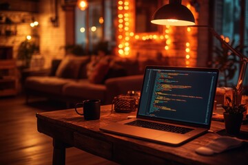 Poster - Cozy Coding Session: Laptop on desk code on screen warm lighting and a mug nearby for a productive and comfortable workspace
