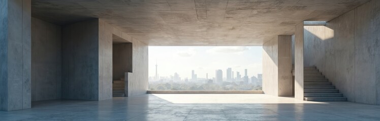 Poster - Abstract concrete architecture render modern futuristic design featuring open empty space overlooking city skyline, providing ample room for content. Interior includes stairs, sunlight, gray walls,