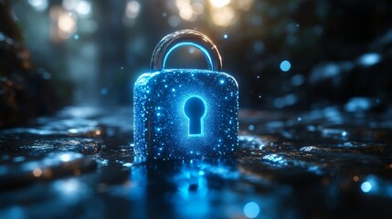 Aufkleber - A luminescent lock symbolizes quantum encryption, showcasing qubits in superposition and entanglement as security against eavesdropping threats.
