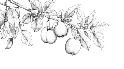 pencil sketch of apples on branch, white background, for autumnal design