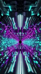 Poster - Futuristic neon tunnel with pulsating lights and symmetrical patterns in motion