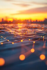 Poster - Abstract representation of a digital network over a cityscape at sunset, showcasing vibrant connections and glowing nodes