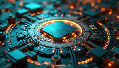 Leinwandbilder - Close-up on glowing blue futuristic central processing unit. Advanced microchip, innovative cyber tech circuit board design for high tech projects, infrastructure. Financial technology, cybersecurity.