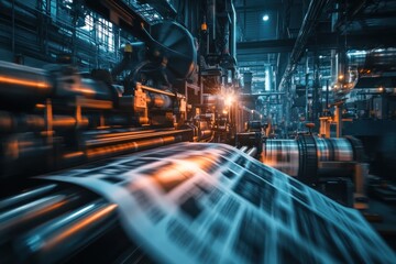 Poster - High-speed printing press in action, producing vibrant newspapers, with industrial machinery and glowing lights in the background