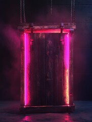 Poster - A wooden door with neon lights lit up in a dark room, great for use as a background or prop in photography, design, and more