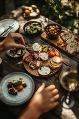 Poster - A wooden table set with various dishes and plates of food