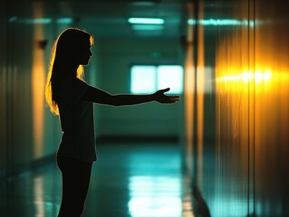 Poster - A woman stands in a hallway, extending her hand