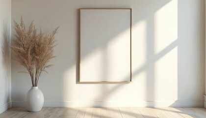 Aufkleber - Modern interior with blank canvas mockup on wall. Sunlight through window. Decorative vase with dry feather grass near frame. Minimalist template for art, painting presentation. Beige neutral design.