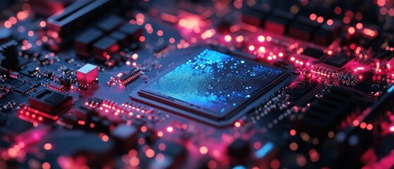Poster - Close-up of a vibrant circuit board with glowing lights