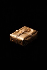 Poster - A luxurious gold wrapped gift placed on a sleek black table, ideal for wedding, party or corporate event decorations