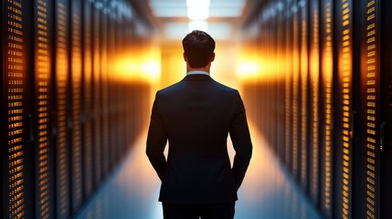 Poster - a businessman stands with his back to the camera in a server room, warm light emanating from the row
