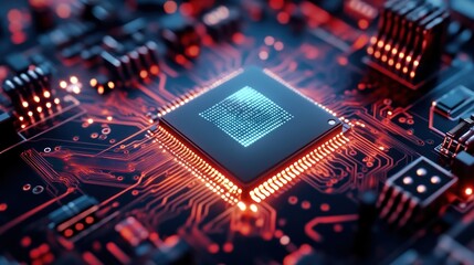 Poster - Close-up of a glowing microchip on a circuit board