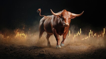 Poster - A bold red bull with stock market candles rising in the background, signifying bullish momentum.