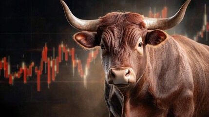 Poster - A bold red bull with stock market candles rising in the background, signifying bullish momentum.