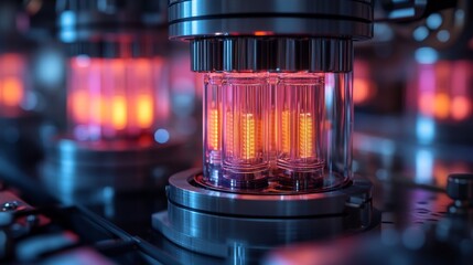 Poster - Advanced quantum technology setup featuring qubits in glass containers, illustrating principles of superposition and entanglement in a research lab. Glowing elements indicate functional states.