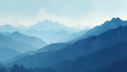 illustration of blue mountain landscape. layers of mountains receding into distance create calming p