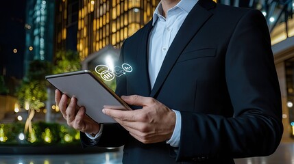 Poster - A business executive exploring interactive market analytics on a sleek tablet display.