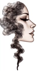Poster - Profile view of a woman's face, rendered in grayscale with textured hair resembling smoke or charcoal. The style is artistic and slightly surreal.