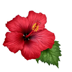 Poster - Beautifully detailed close up image of a vibrant red hibiscus flower with intricate petals and lush green leaves perfect for use in floral nature or tropical designs