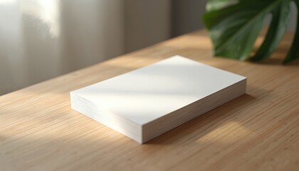 Aufkleber - Stack of blank white business cards on wooden table with palm leaf. Light window shade. Mockup paper design for invitation, showcase logotype. Template for corporate event, wedding, celebration card