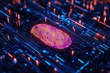 Poster - Abstract digital fingerprint surrounded by glowing lines and particles, symbolizing technology and security innovations