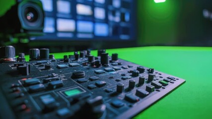 Poster - professional production switcher sitting on green screen table, surrounded by monitors and camera, r