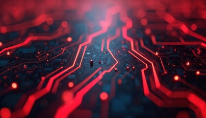 Fototapete - Abstract tech background featuring glowing red lines on a dark surface. Modern digital design with vibrant cybernetic feel. Great for presentations, gaming and technology projects, innovative concept.