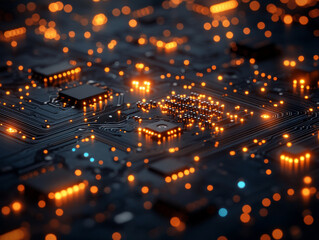 Poster - close up view of circuit board with glowing orange lights and intricate details