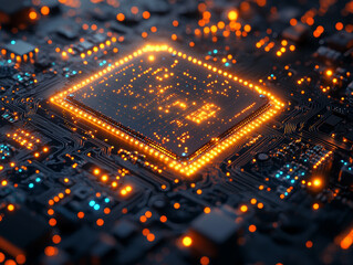 Poster - Close up of circuit board with glowing microchip and vibrant lights