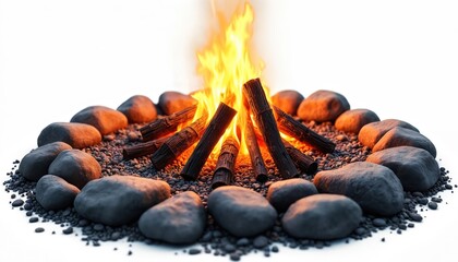 Poster - Balefire burns surrounded by stones. Campfire flames heat firewood in fireplace. Wood burn with orange fire, producing light and smoke. Cozy warm fire outdoor on picnic, camping trip.