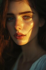 Poster - A close-up portrait of a woman with long hair and facial features