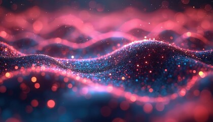 Poster - Abstract flowing wave particle dot network background. Neon pink, blue gradient bokeh blur. Tech, machine learning, AI concept. Visualization of big data, digital transformation and neural network.