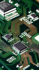 Poster - Dynamic closeup of electronic circuit board highlighting microchip pathways and connections
