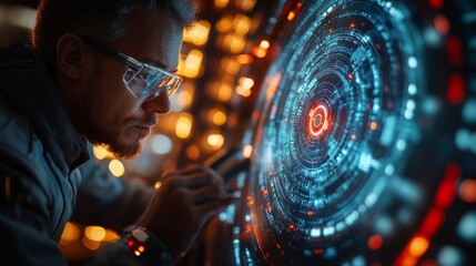 Poster - A researcher examines a holographic display filled with complex quantum concepts such as qubits, superposition, and entanglement in a high-tech environment.