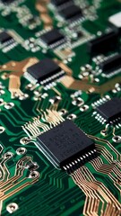 Poster - Macro view of complex circuit board with microchips and copper traces in detailed closeup sequence