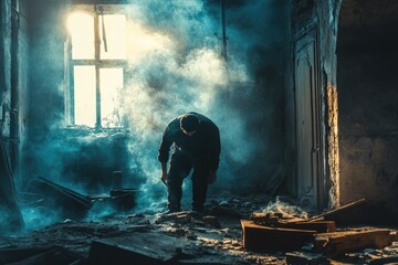 Aufkleber - A person stands amidst haze and smoke in a room