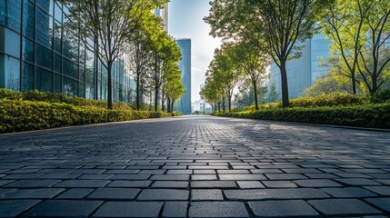 Poster - Morning light casts a warm glow on a peaceful urban pathway, bordered by lush trees and modern buildings, creating a serene atmosphere that invites exploration