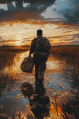 Poster - A person trekking through a calm aquatic environment, potentially for recreation or exploration