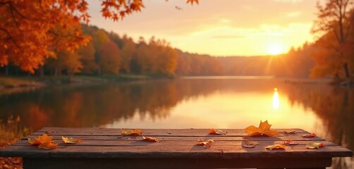Poster - Tranquil fall scene by lake, sunset glow in colorful autumn foliage. Rustic wooden table with fallen leaves on foreground. Lakeside escape for nature vacations, landscape photography and relaxation.