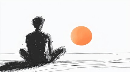 Wall Mural - simple cartoon drawing of person watching sunset with vibrant orange sun in minimalistic style