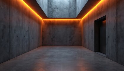 Poster - Advanced high end 3D rendering. Modern architecture with concrete wall, geometric design, industrial hall. Underground corridor tunnel. Dark empty room with light glow. Concrete floor. Urban grunge