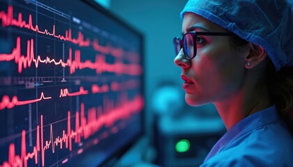 Poster - Medical pro in blue surgical cap, glasses observes monitor displaying vital signs, waveforms. Female doctor analyses patient data, controls health parameters, using modern tech. Healthcare concept.