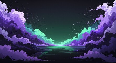 Wall Mural - abstract green purple gradient anime on plain dark black background illustration