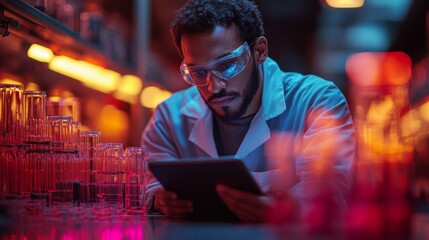 Poster - A scientist analyzes data on a tablet while surrounded by colorful test tubes in a laboratory focused on quantum mechanics. The lab is filled with advanced equipment.