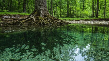Poster - A tree with roots partially submerged in a clear stream, reflecting in the water. 